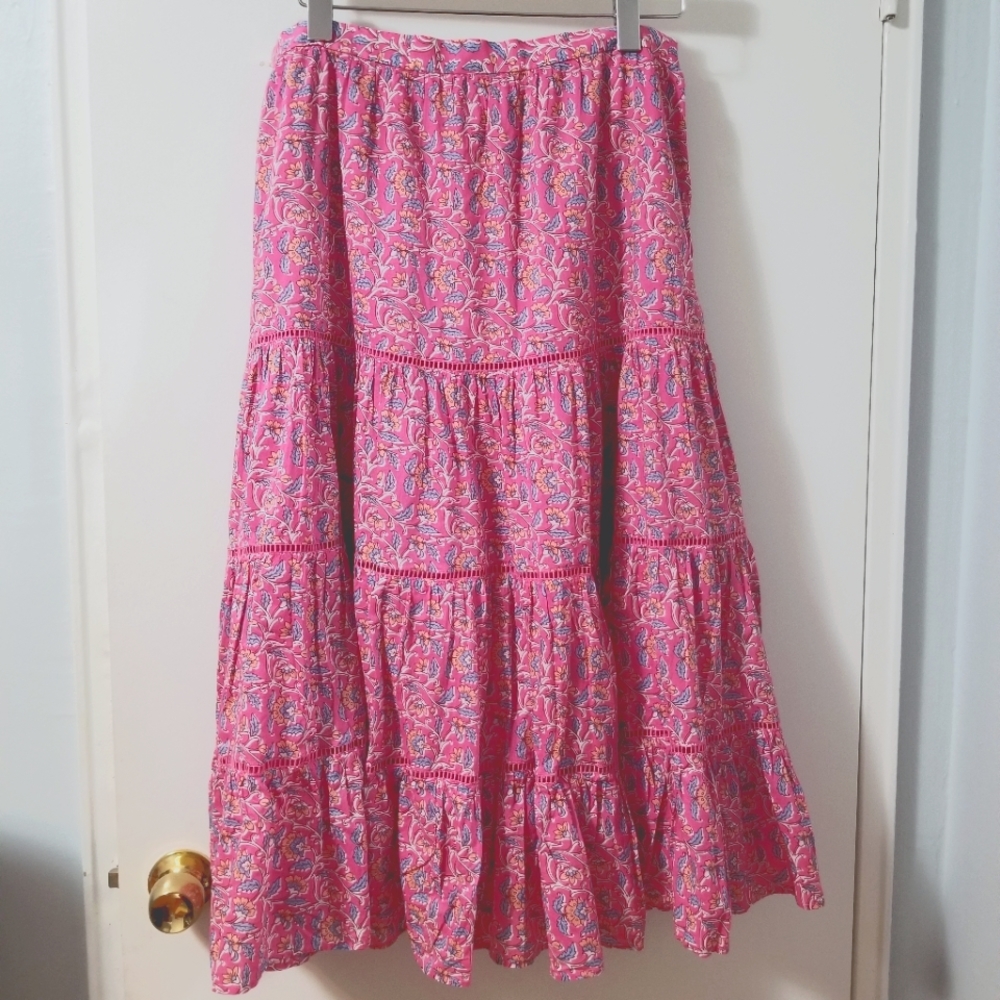 J Crew  tiered midi pink vines skirt Size L